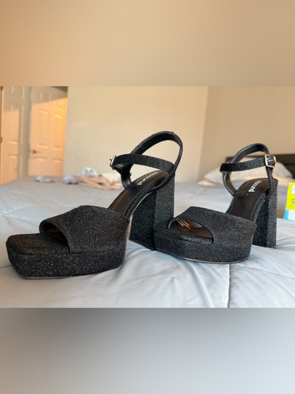 Abound Black Glitter Square-Toe Ankle-Strap Block Heels